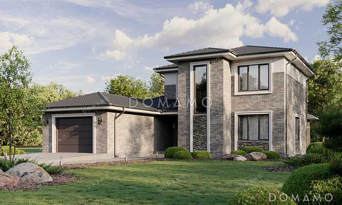 Проект двухэтажного дома с 3 спальнями, парной, террасой и большим гаражом и