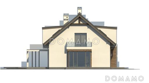 Проект одноэтажного мансардного дома из газобетона с остеклённым прямоугольным эркером, панорамными окнами на мансарде и гаражом  / Фасад 4