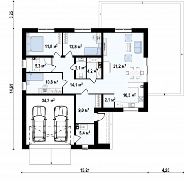 Проект углового одноэтажного дома из кирпича с облицовкой классических фасадов деревянной вагонкой и с гаражом на два автомобиля / План 1 этажа Проект углового одноэтажного дома из кирпича с облицовкой классических фасадов деревянной вагонкой и с гаражом на два автомобиля / План 1 этажа