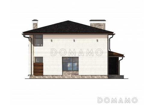 Проект дома с летней кухней на крытой террасе, спальней на первом этаже, просторной столовой-гостиной, хозблоком, французским балконом в кабинете и спальне на втором этаже / Фасад 3