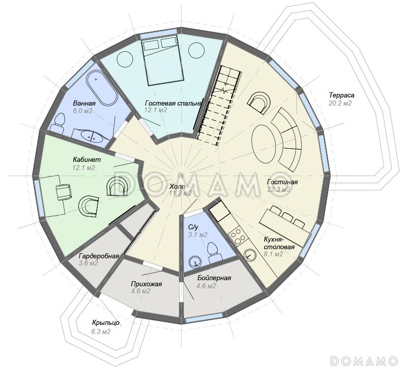 Проект купольного дома с 4 спальнями и видовой гостиной / План 1 этажа
