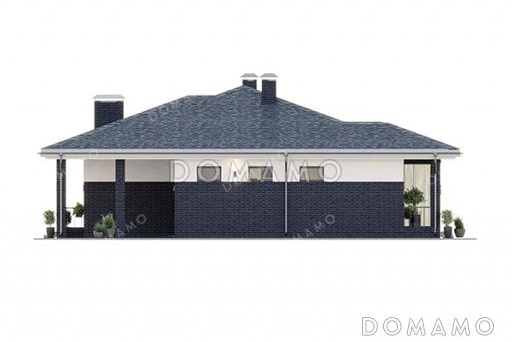 Проект большого одноэтажного дома с пристроенным гаражом, просторной кухней-гостиной, крытой застекленной верандой и навесом перед гаражом / Фасад 1