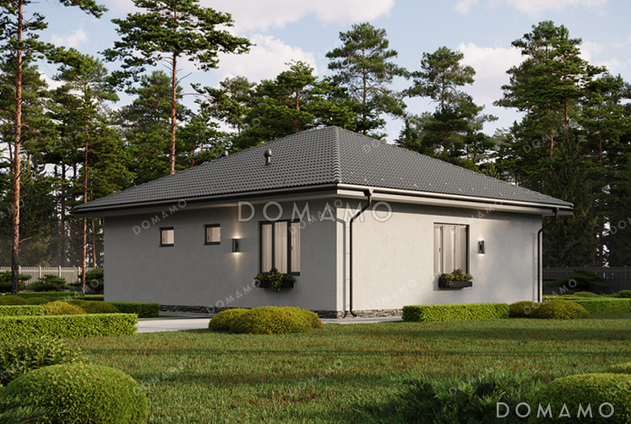 Проект компактного одноэтажного дома с вальмовой кровлей, крытой террасой, тремя спальнями и большой открытой зоной кухни-гостиной Проект компактного одноэтажного дома с вальмовой кровлей, крытой террасой, тремя спальнями и большой открытой зоной кухни-гостиной