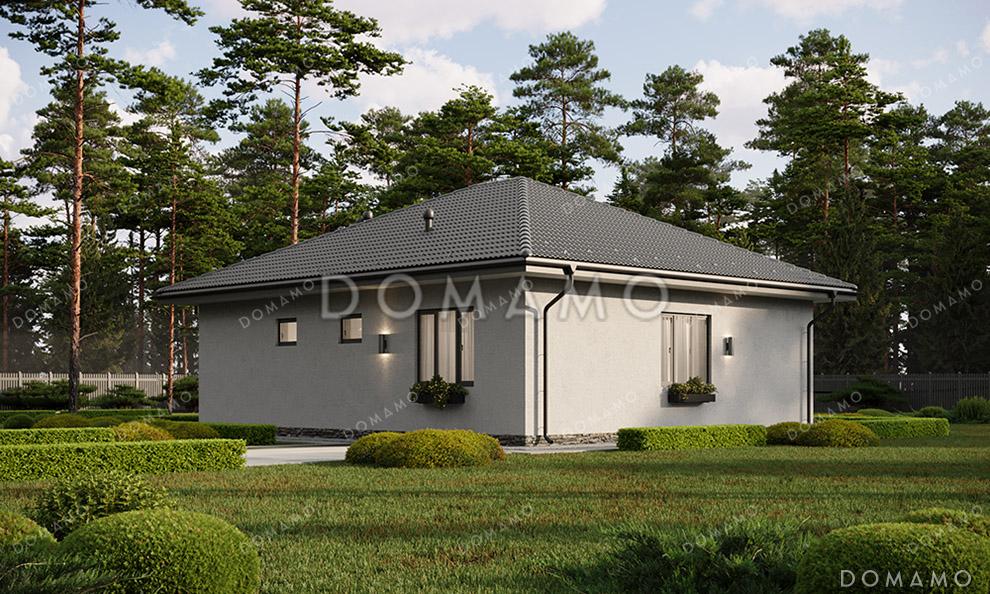 Проект компактного одноэтажного дома с вальмовой кровлей, крытой террасой, тремя спальнями и большой открытой зоной кухни-гостиной / 3