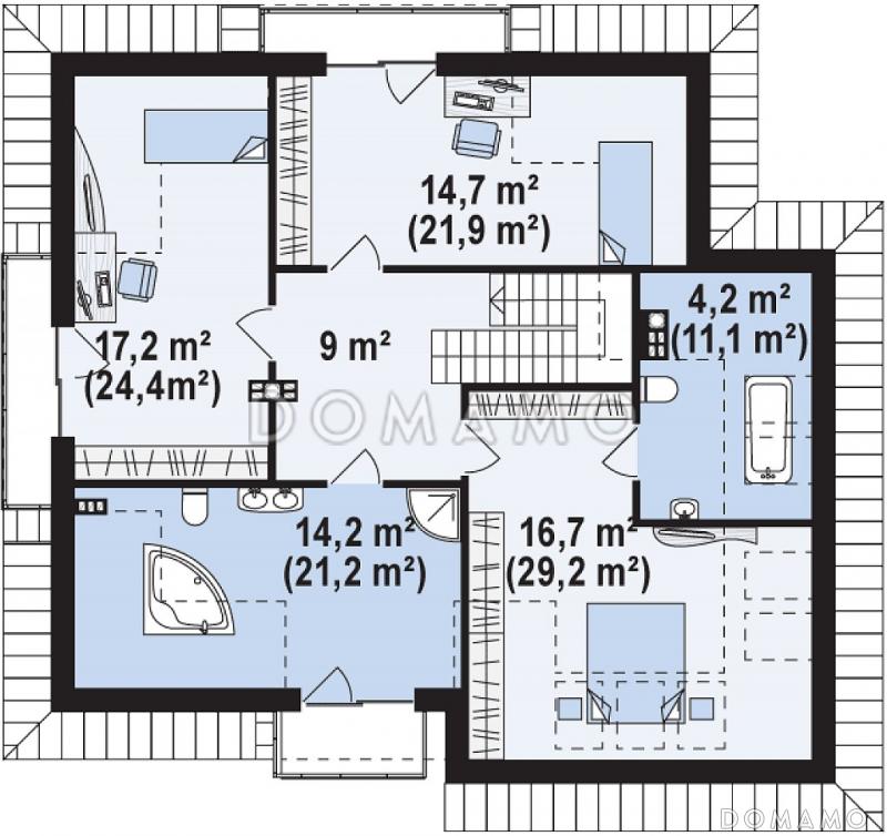 Проект классического одноэтажного мансардного дома из газобетона с дополнительной спальней на первом этаже, с тремя балконами и гаражом на два автомобиля / План мансардного этажа