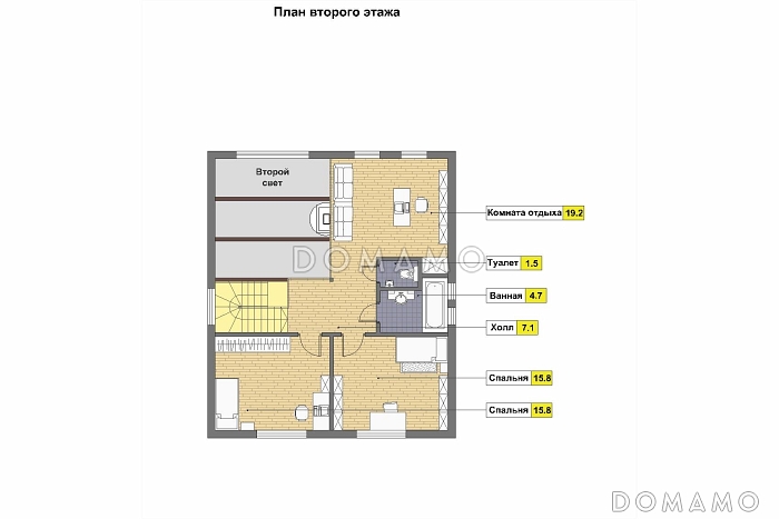 Проект мансардного дома из кирпича с крытой террасой, вторым светом и островным камином / План мансардного этажа