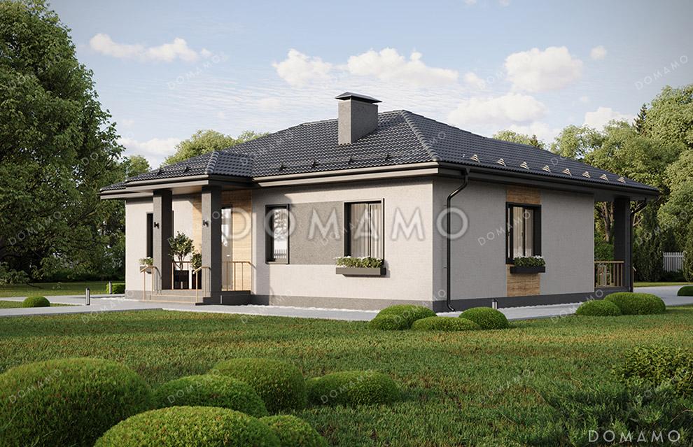 Проект компактного одноэтажного дома с общей вальмовой кровлей над входной группой и террасой и комбинированной отделкой фасада декоративной штукатуркой и планкеном / 1