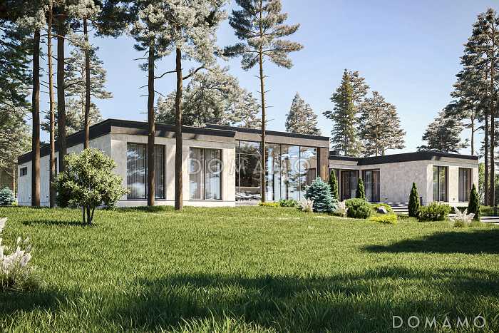 Проект одноэтажного дома из газобетона с 4 спальнями, кабинетом, зоной отдыха и бассейном Проект одноэтажного дома из газобетона с 4 спальнями, кабинетом, зоной отдыха и бассейном