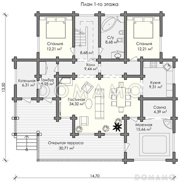 Проект большого дома из строганного бревна / План 1 этажа