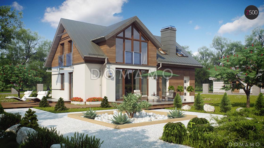 Проект одноэтажного мансардного дома из кирпича с гаражом и большим фронтонным окном / 1