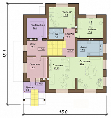 Проект двухэтажного коттеджа с цокольным этажом, гаражом и парной / План 1 этажа Проект двухэтажного коттеджа с цокольным этажом, гаражом и парной / План 1 этажа