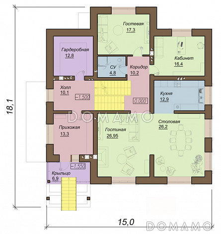 Проект двухэтажного коттеджа с цокольным этажом, гаражом и парной / План 1 этажа Проект двухэтажного коттеджа с цокольным этажом, гаражом и парной / План 1 этажа