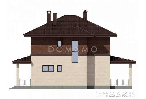 Проект дома из газобетона с крытой террасой, совмещенной кухней-столовой и гостиной, комнатой на первом этаже / Фасад 4
