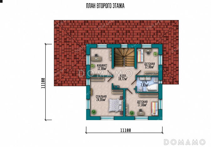 Проект дома из газобетона с террасой и тремя спальнями / План 2 этажа Проект дома из газобетона с террасой и тремя спальнями / План 2 этажа