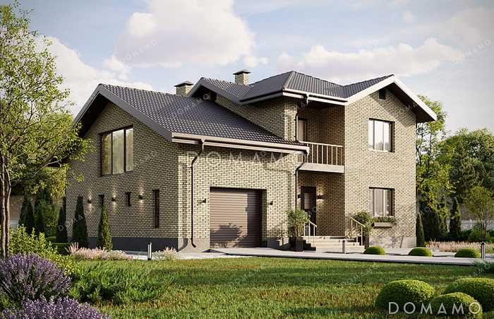 Проект современного двухэтажного дома с просторным гаражом, балконом, совмещенной кухней-гостиной и большим зимним садом на втором этаже Проект современного двухэтажного дома с просторным гаражом, балконом, совмещенной кухней-гостиной и большим зимним садом на втором этаже