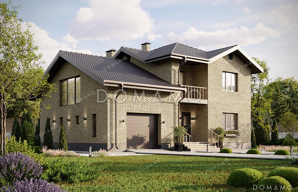 Проект современного двухэтажного дома с просторным гаражом, балконом, совмещенной кухней-гостиной и большим зимним садом на втором этаже / 1