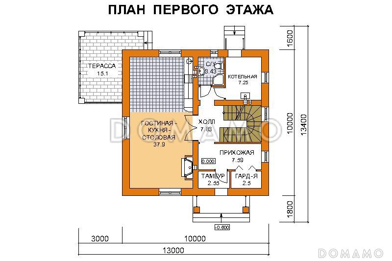 Проект дома из пеноблоков до 150 кв.м / План 1 этажа
