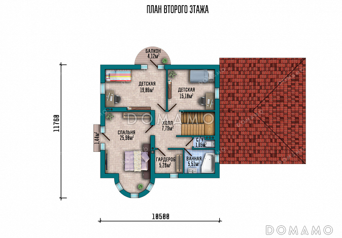 Проект дома-замка с гаражом на два автомобиля, башенкой и полукруглой террасой / План мансардного этажа