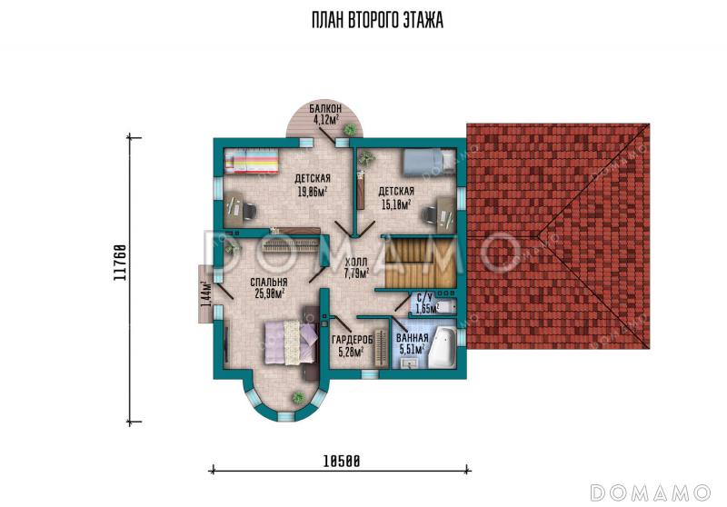 Проект дома-замка с гаражом на два автомобиля, башенкой и полукруглой террасой / План мансардного этажа