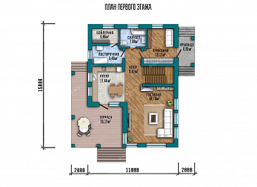 Проект одноэтажного дома с просторной террасой и двумя балконами / План 1 этажа Проект одноэтажного дома с просторной террасой и двумя балконами / План 1 этажа