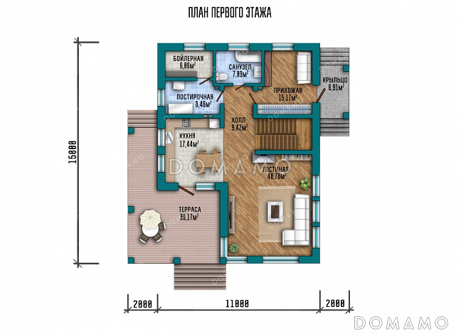 Проект одноэтажного дома с просторной террасой и двумя балконами / План 1 этажа Проект одноэтажного дома с просторной террасой и двумя балконами / План 1 этажа