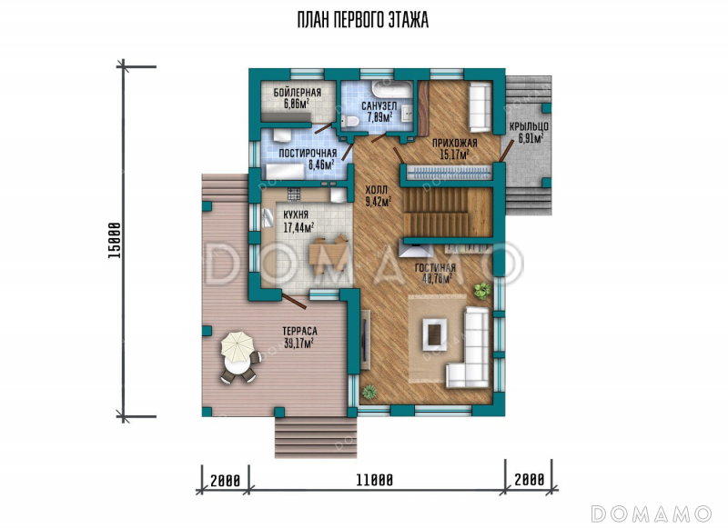 Проект одноэтажного дома с просторной террасой и двумя балконами / План 1 этажа