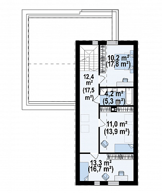 Проект загородного дома с двухскатной крышей, гаражом, просторной гостиной, кладовой в кухне / План мансардного этажа