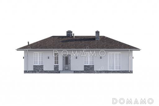 Проект Г-образного одноэтажного дома с крытой входной группой, простой вальмовой кровлей и просторной кухней-гостиной / Фасад 2