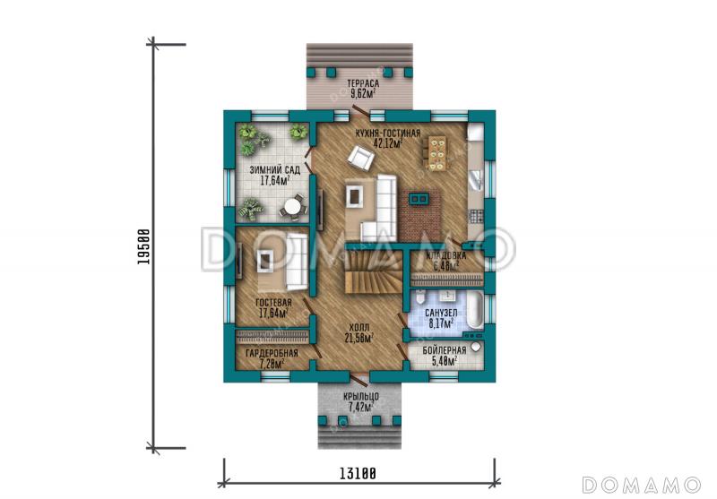 Проект дома с зимним садом, гардеробными и тремя спальнями / План 1 этажа
