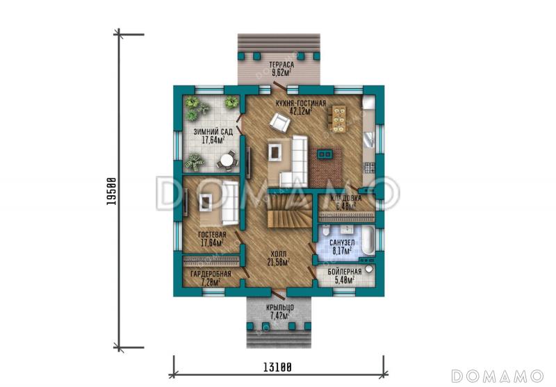 Проект дома с зимним садом, гардеробными и тремя спальнями / План 1 этажа