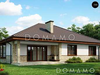 Проект одноэтажного дома с подвалом, эркером в гостиной, тремя спальнями