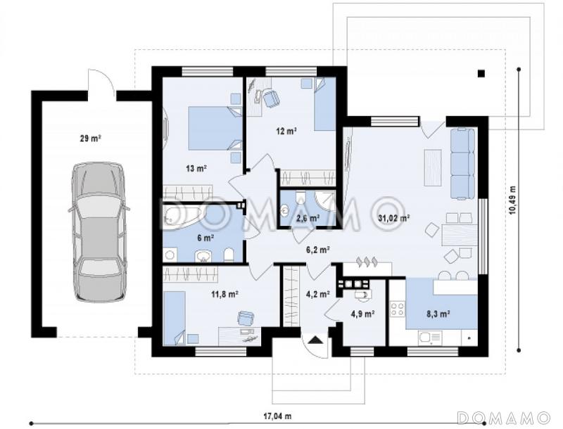 Проект одноэтажного дома из кирпича с тремя спальнями и небольшой крытой угловой террасой, увеличенная версия 273 с гаражом / План 1 этажа