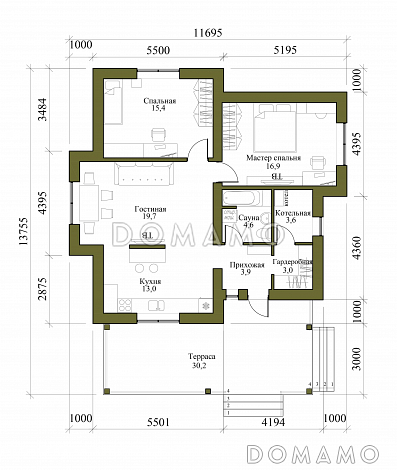 Проект одноэтажного дома из керамоблока с мастер-спальней и крытой террасой / План 1 этажа
