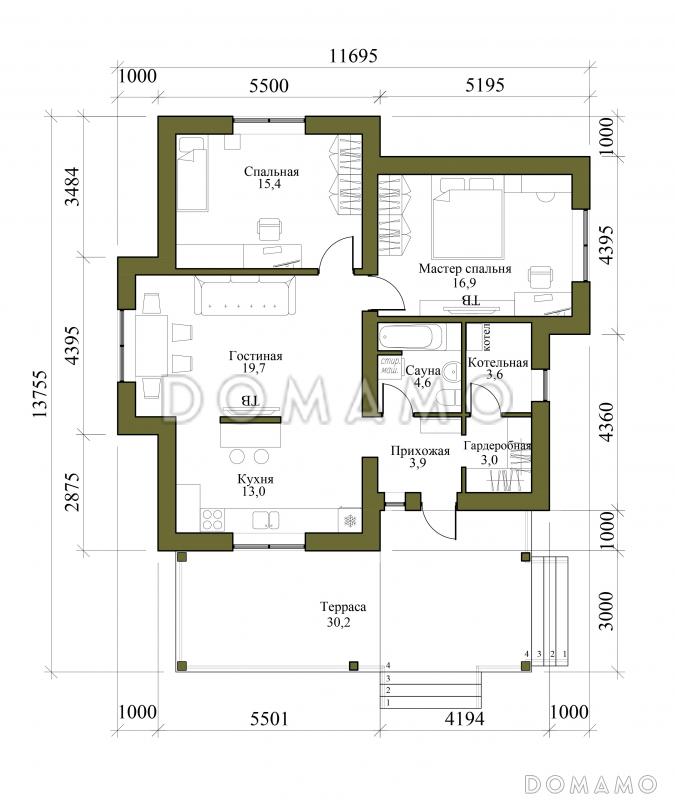 Проект одноэтажного дома из керамоблока с мастер-спальней и крытой террасой / План 1 этажа
