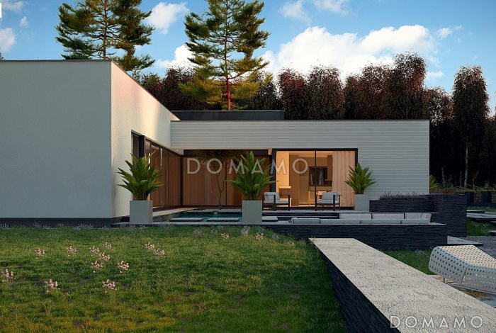 Проект просторного современного одноэтажного дома из кирпича с плоской крышей, с тремя спальнями, террасой и гаражом для трёх автомобилей Проект просторного современного одноэтажного дома из кирпича с плоской крышей, с тремя спальнями, террасой и гаражом для трёх автомобилей