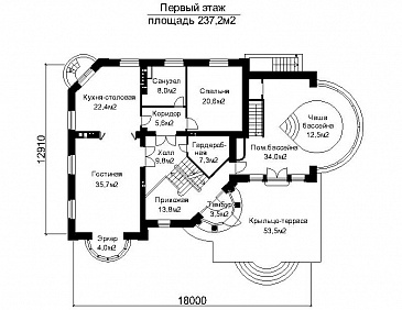 Проект дома с открытой террасой главного входа и пристроенным бассейном   / План 1 этажа Проект дома с открытой террасой главного входа и пристроенным бассейном   / План 1 этажа