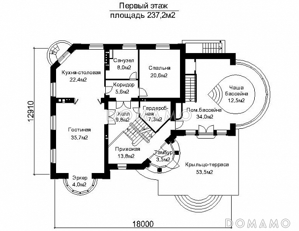Проект дома с открытой террасой главного входа и пристроенным бассейном   / План 1 этажа Проект дома с открытой террасой главного входа и пристроенным бассейном   / План 1 этажа