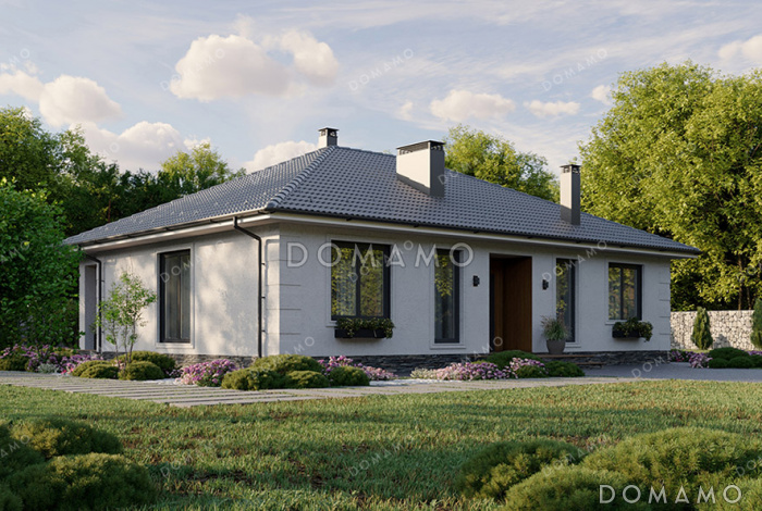 Проект квадратного одноэтажного дома с отделкой декоративной штукатуркой, террасой под общей вальмовой крышей и большой совмещенной кухней-гостиной Проект квадратного одноэтажного дома с отделкой декоративной штукатуркой, террасой под общей вальмовой крышей и большой совмещенной кухней-гостиной