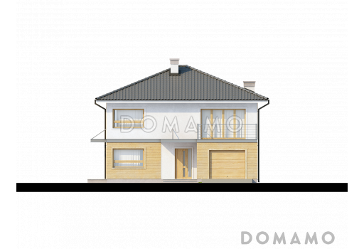 Проект двухэтажного дома из газобетона, адаптированный для сейсмозоны с четырьмя спальнями и удлинённым двухместным гаражом / Фасад 3