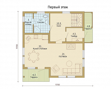 Проект каркасного дома с двумя балконами на мансардном этаже / План 1 этажа Проект каркасного дома с двумя балконами на мансардном этаже / План 1 этажа