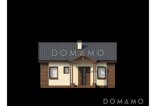 Проект компактного одноэтажного дома из кирпича с большой открытой террасой / Фасад 2