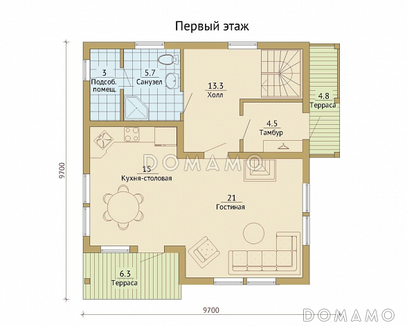 Проект каркасного дома с двумя балконами на мансардном этаже / План 1 этажа Проект каркасного дома с двумя балконами на мансардном этаже / План 1 этажа
