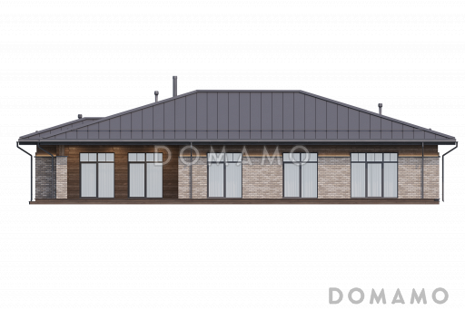 Проект одноэтажного дома с навесом для автомобилей, барбекю на террасе, сауной и 3 спальнями / Фасад 1