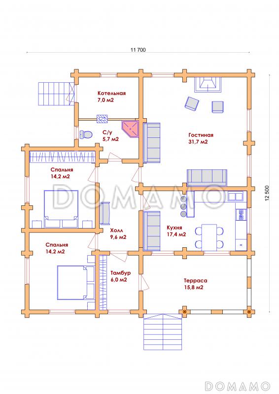 Проект одноэтажного коттеджа из бревна с террасой / План 1 этажа