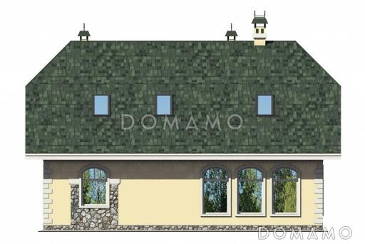 Проект уютного загородного дома из SIP панелей с ажурным крыльцом под зеленой крышей / Фасад 4