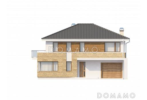 Проект современного двухэтажного дома из газобетона, адаптированного под сейсмику, с четырьмя спальнями, балконом и встроенным гаражом  / Фасад 4