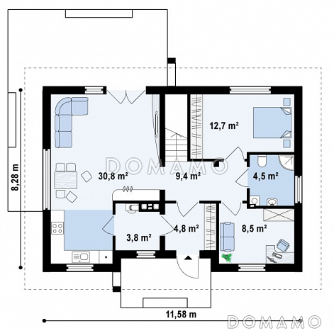 Проект одноэтажного мансардного дома из газобетона с дополнительной спальней и кабинетом на первом этаже / План 1 этажа