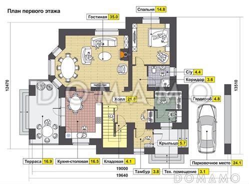 Проект коттеджа из кирпича с двуцветной облицовкой и хозяйским санузлом / План 1 этажа