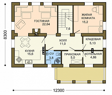 Проект коттеджа с двумя кладовыми и вытянутым крыльцом / План 1 этажа Проект коттеджа с двумя кладовыми и вытянутым крыльцом / План 1 этажа
