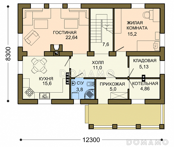 Проект коттеджа с двумя кладовыми и вытянутым крыльцом / План 1 этажа Проект коттеджа с двумя кладовыми и вытянутым крыльцом / План 1 этажа
